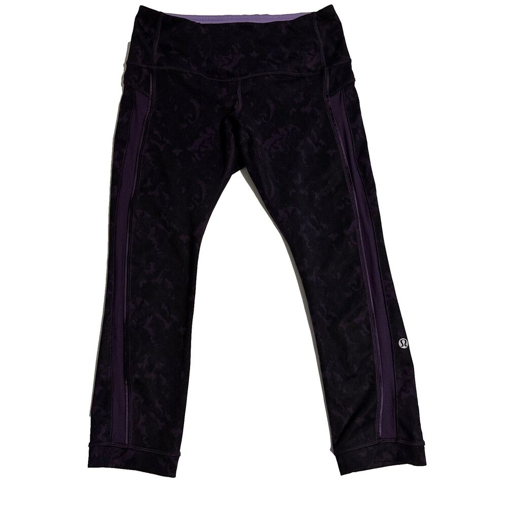 Lululemon Black Purple Floral Capri Leggings Womens 4 Mesh Panel Crop Yoga Run